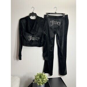 NWT JUICY COUTURE Velour Bling Tracksuit Hoodie/Pants Black Size Small